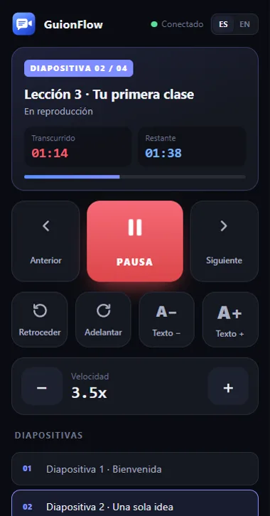 Control remoto de GuionFlow en el celular